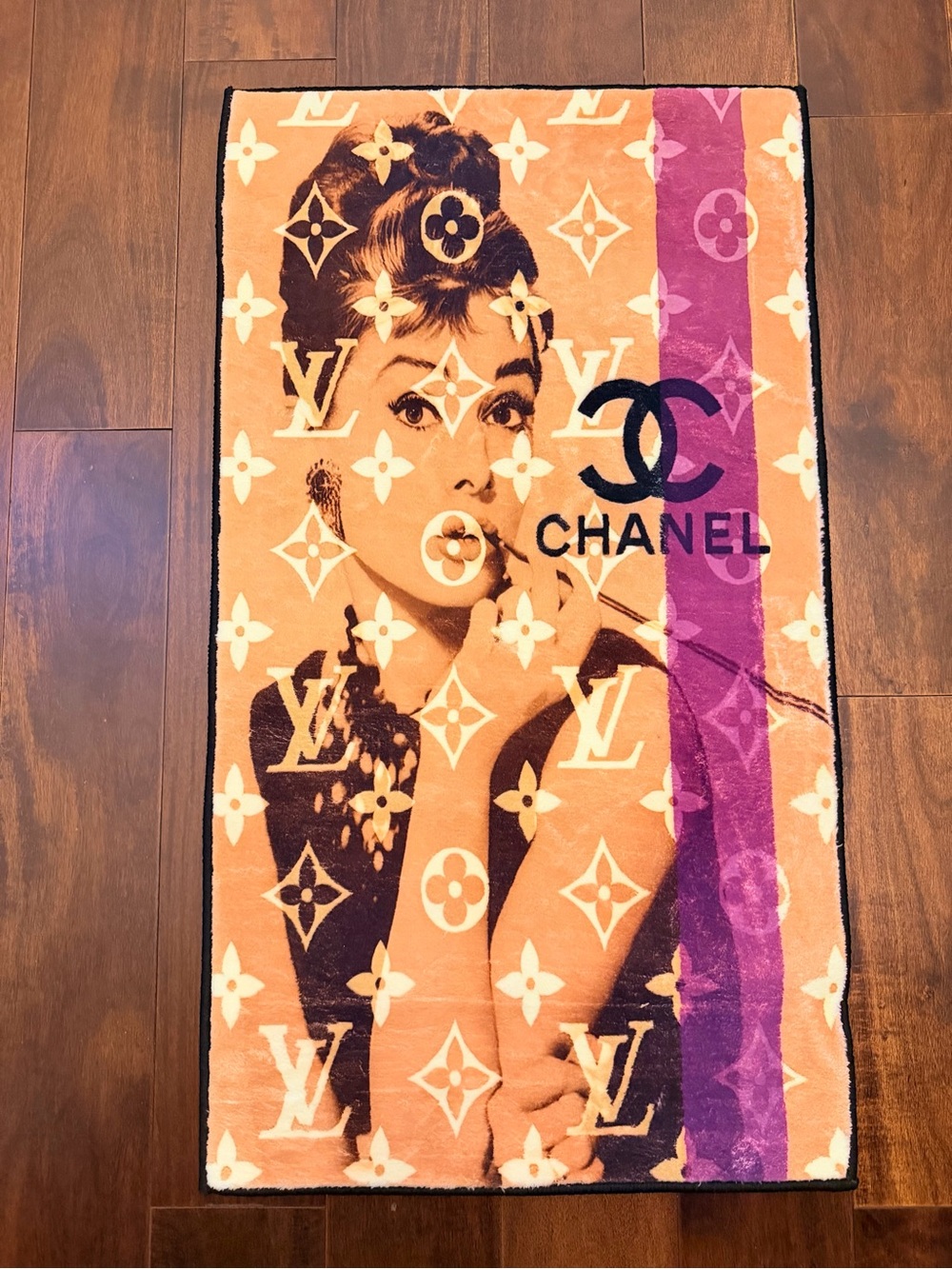 CHANEL x LV Pink Purple Logo Rug with Audrey Hepburn